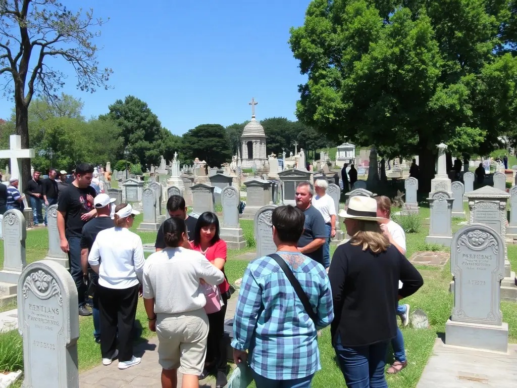 A photograph showcasing a community event held at the Pénitents Noirs cemetery, with local residents participating in a cultural activity or historical reenactment.