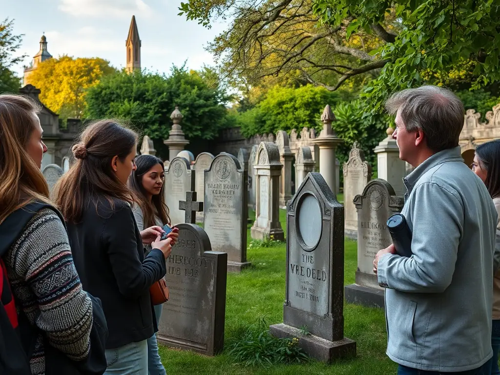 An image of a guided tour taking place within the cemetery, with a knowledgeable guide sharing historical insights with visitors.