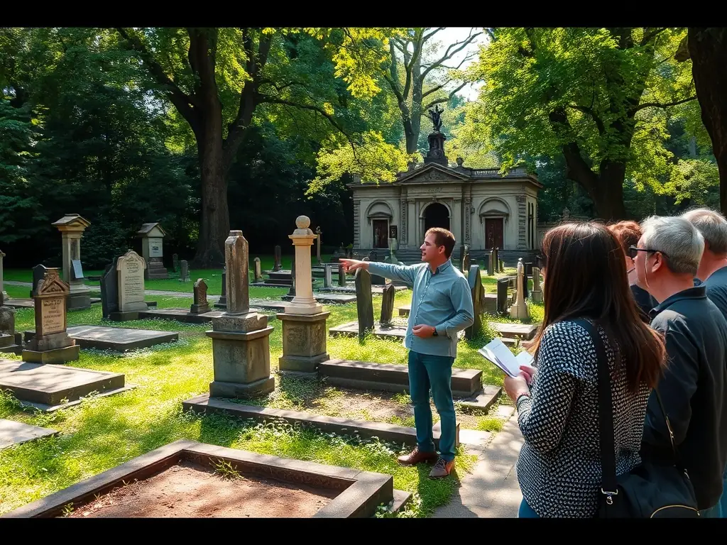 A photograph of a guided tour taking place within the Pénitents Noirs cemetery, with a guide pointing out historical features to an engaged group of visitors.
