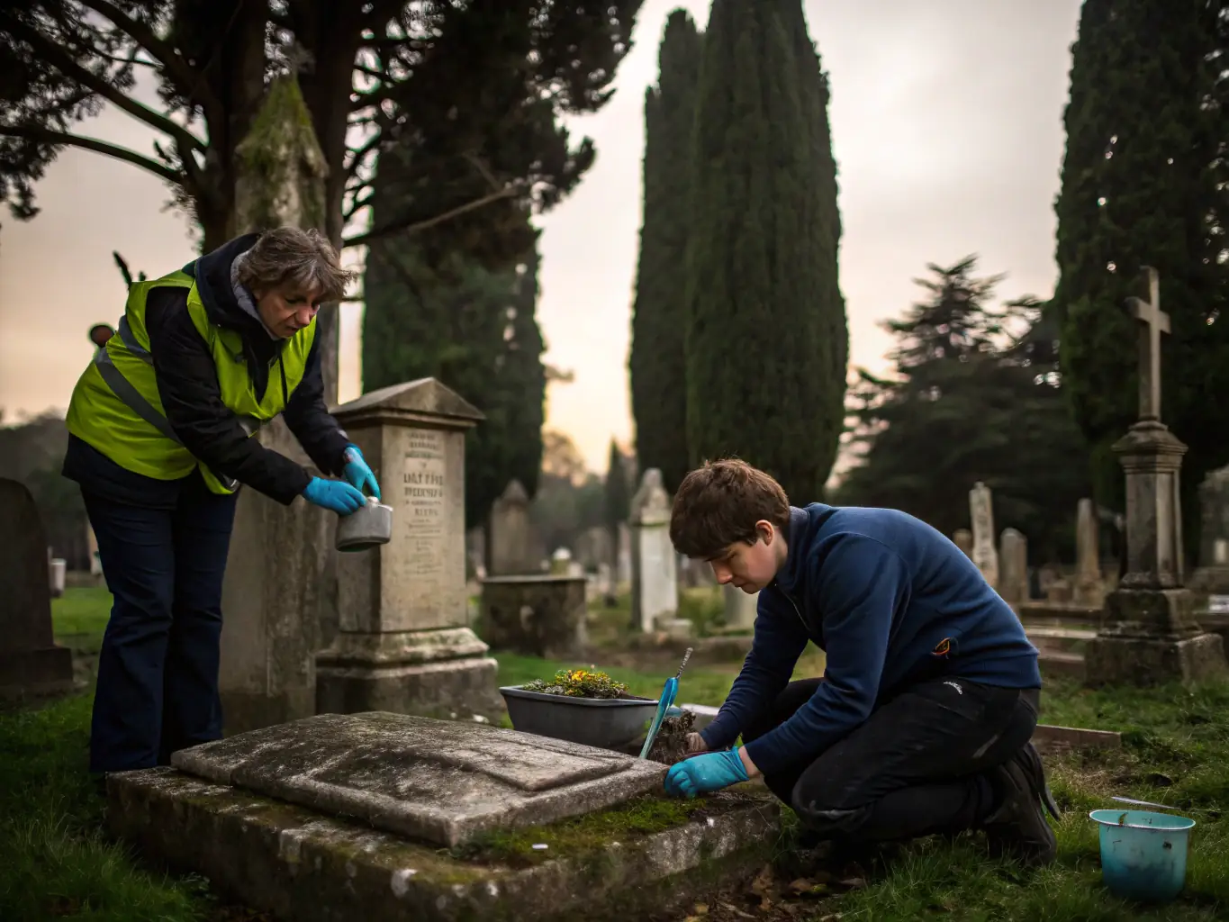 A photograph depicting volunteers cleaning and restoring a historic tombstone in the Pénitents Noirs cemetery, showcasing the association's commitment to preserving the site's historical integrity.