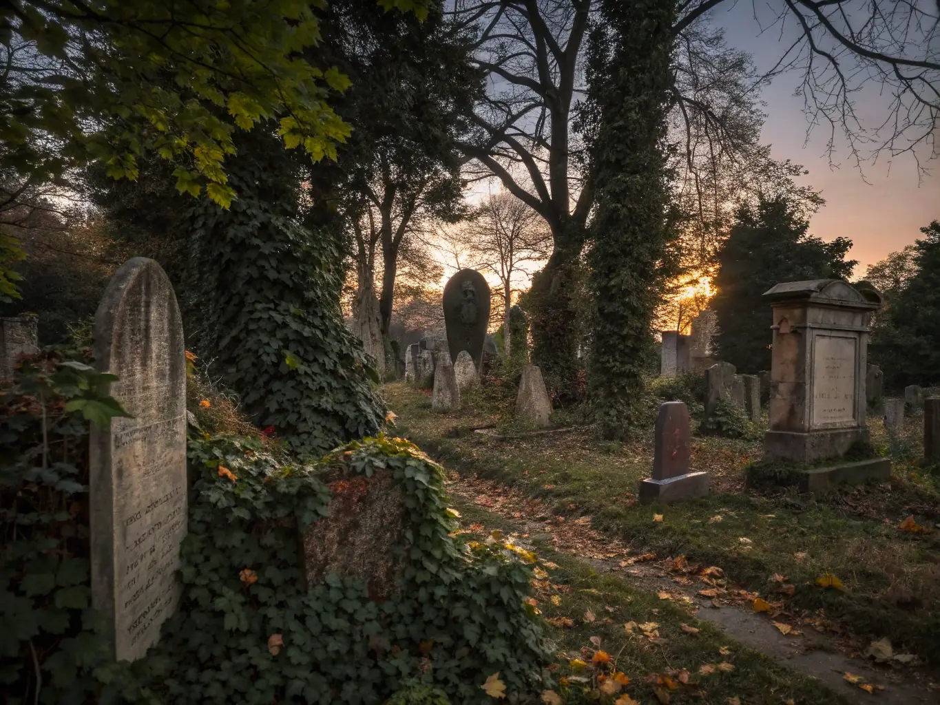 A wide-angle shot of the Pénitents Noirs cemetery, showcasing its serene landscape and the historical tombstones, conveying a sense of timelessness and cultural heritage.