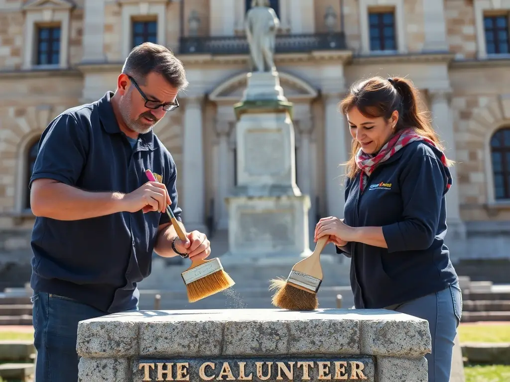 A photograph capturing volunteers cleaning and restoring headstones in the Pénitents Noirs cemetery, showcasing the hands-on preservation work.